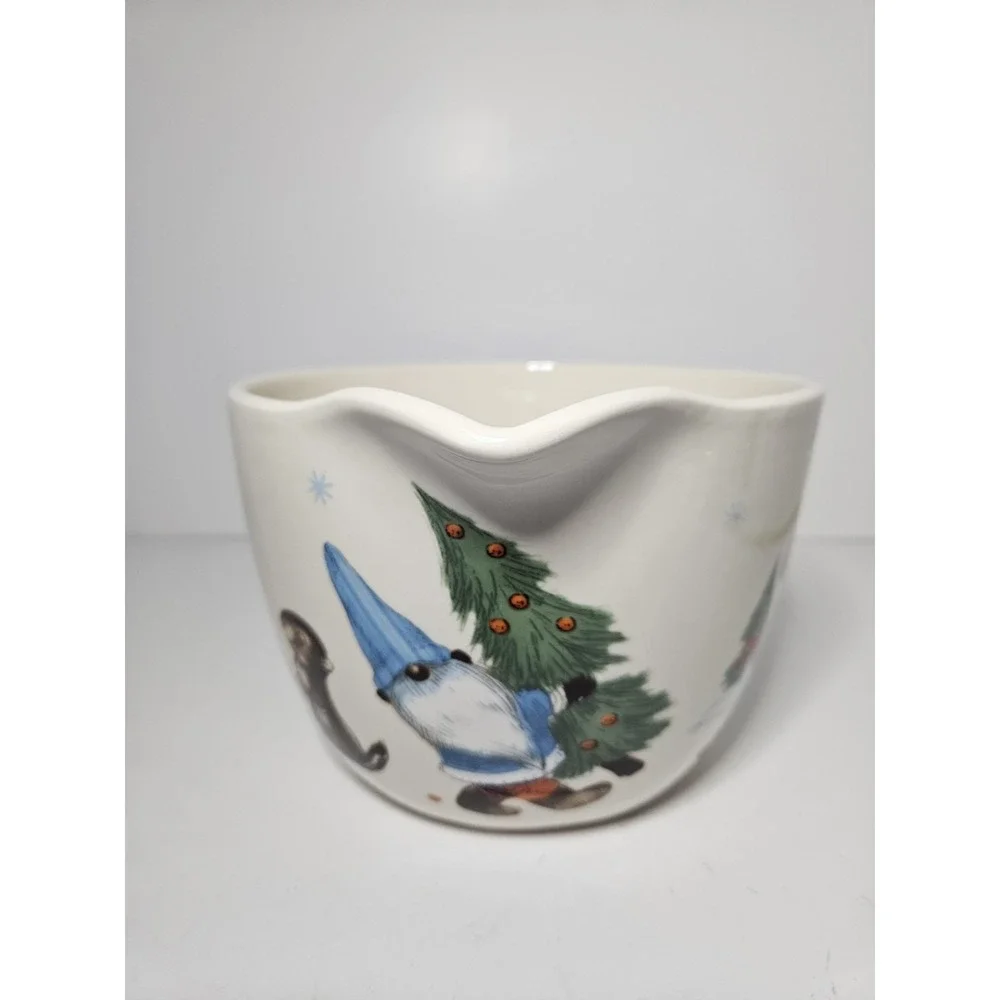 Christmas Bird Gnome Ceramic Batter Bowl Spout Faux Twig Handle Holiday Time 2Qt